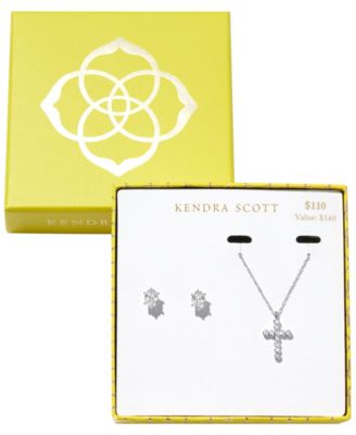 Cubic Zirconia Rhodium-Tone Cross Pendant Necklace and Stud Earrings Set