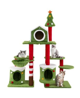 58 Inch Cat Tree with 2-Door Top Condo Hanging Basket Self-Groomer and Festive Toy