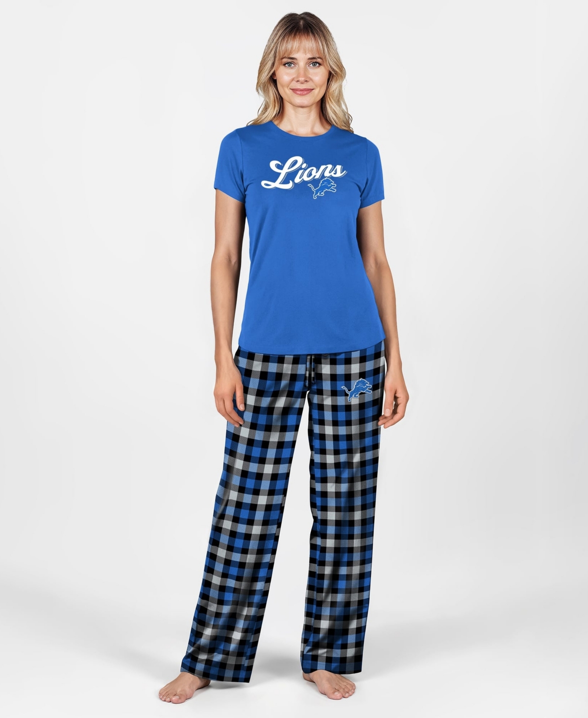 Concepts Sport Women's Highland Detroit Lions Plaid T-Shirt and Pajama Pants, 2-Piece Set - Blue, Gray