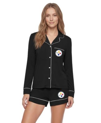 Women's  Black Pittsburgh Steelers Medley Long Sleeve Button-Up and Shorts Sleep Set