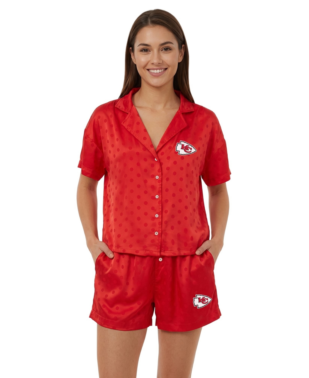 Concepts Sport Women's Kansas City Chiefs Wink Dot Satin Jacquard Polka-Dot Button-Up Shirt and Shorts, 2-Piece Set
