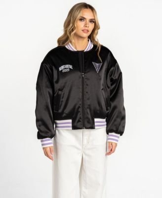 Women's Eclipse Black Golden State Valkyries Oversized Cropped Satin Full-Zip Bomber Jacket