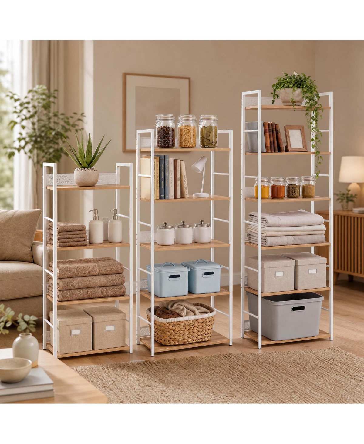 homfan 4/5/6 Tier Metal Bookshelf Set of 3 Adjustable Layer Freestanding Storage Rack with Anti-Drop Mesh for Home Office Living Room