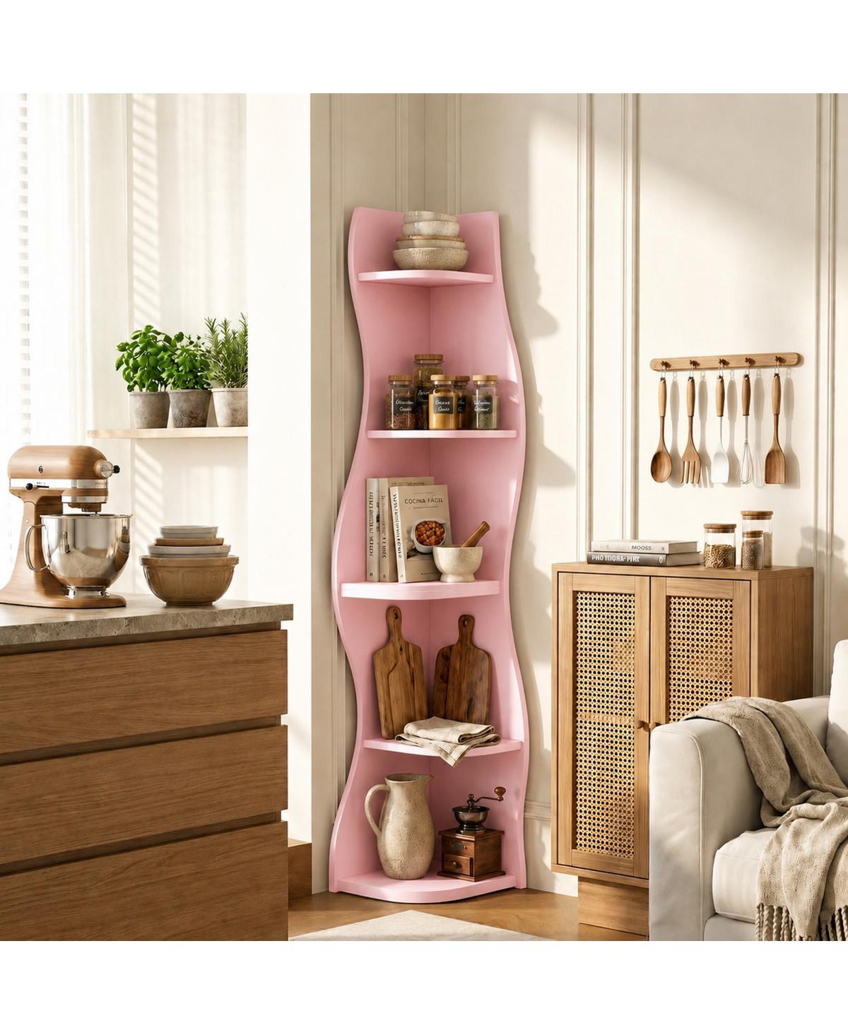 Streamdale Furniture 5-Tier S-Shaped Modern Corner Bookshelf and Plant Stand - Pink