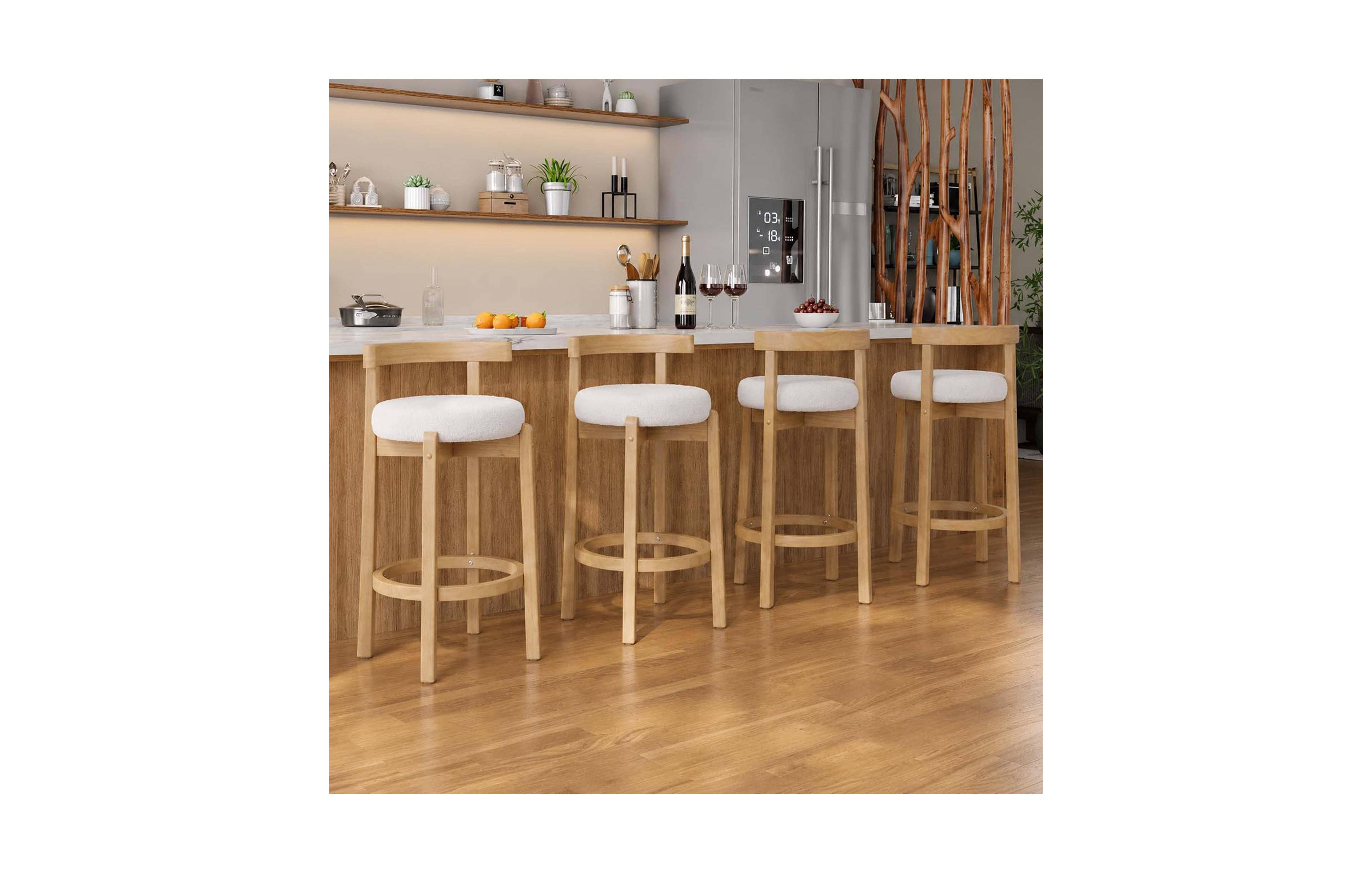 homfan Set of 4 Boucle Counter Height Bar Stools with Padded Seat Curved Backrest Wood Legs for Kitchen