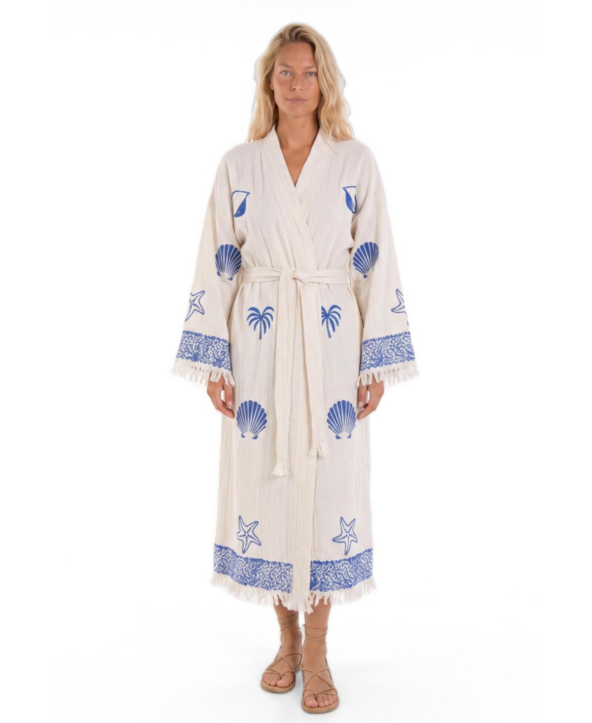 Tutunaki Women's Nerina V-Neck Long-Sleeve Shell-Print Beach Cover-Up Robe