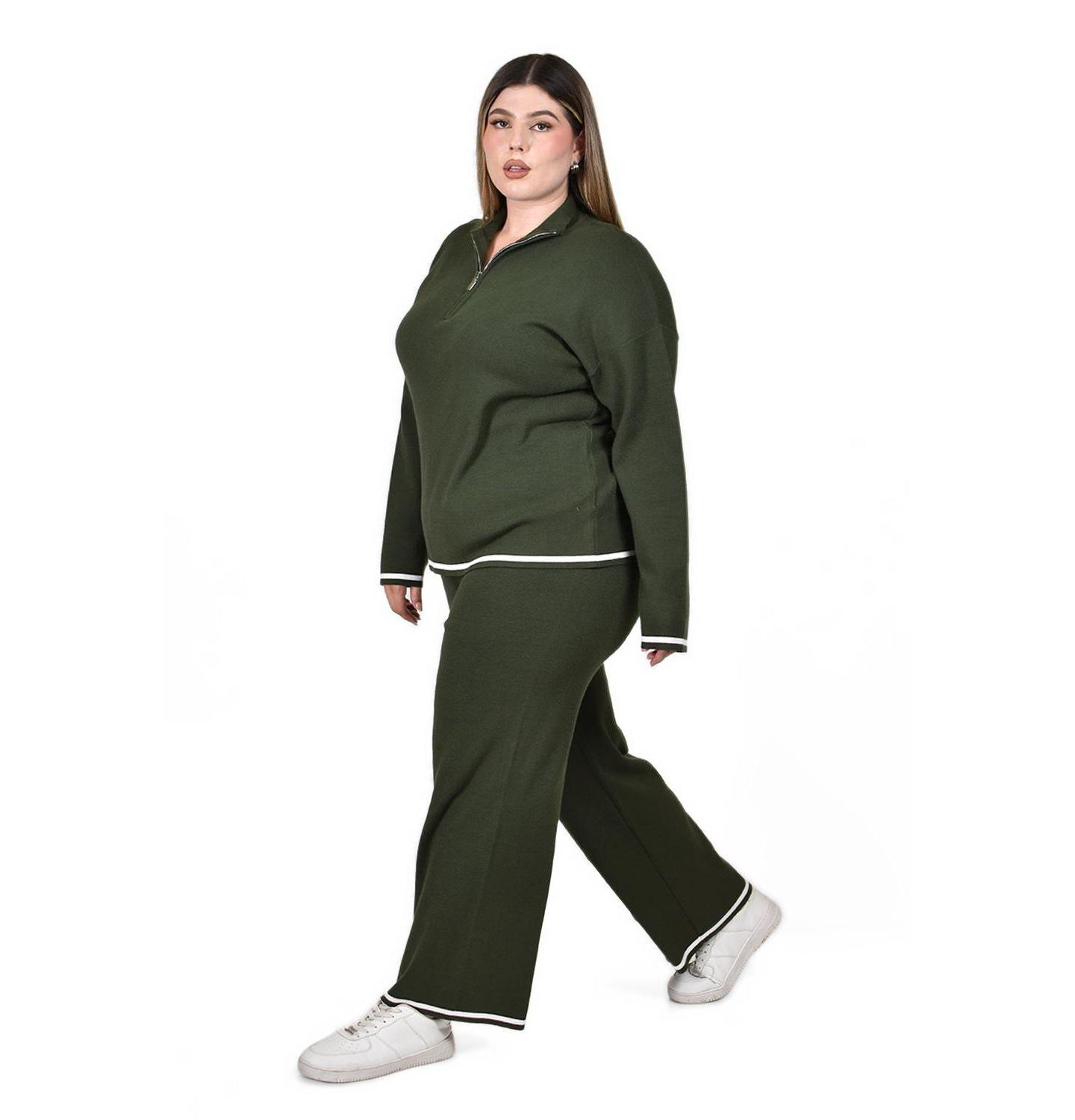 Женский комплект Roman Fashion Plus Size Knit Mock-Neck Zipper-Closure Sweater and Pants, 2-Piece Set, цвет: Зелёный — фото 2