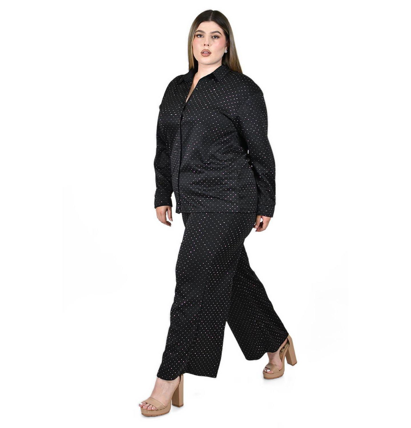 Женский комплект Roman Fashion Plus Size Polka-Dot Glitter Elastic-Waist Shirt and Wide-Leg Pants, 2-Piece Set, цвет: Чёрный — фото 2