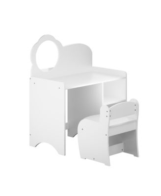 Kids Vanity Table with Mirror and Chair, Wooden Children's Dressing Makeup Desk with Storage Shelves