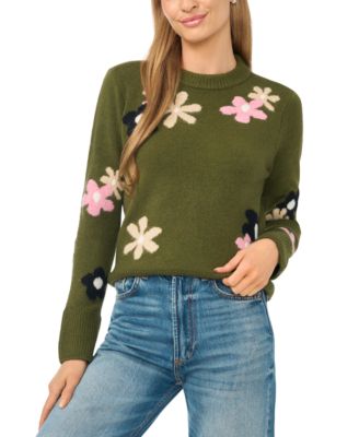 Women's Crewneck Flower Patterned Knit Long-Sleeve Sweater