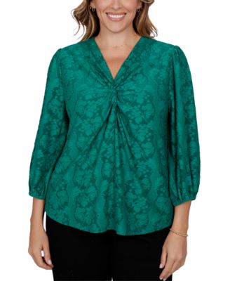 Plus Size Knit Floral Clip 3/4-Sleeve V-Neck Blouse