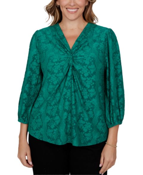 Женская блузка Ruby Rd. Plus Size Knit Floral Clip 3/4-Sleeve V-Neck, цвет: Вечнозелёный