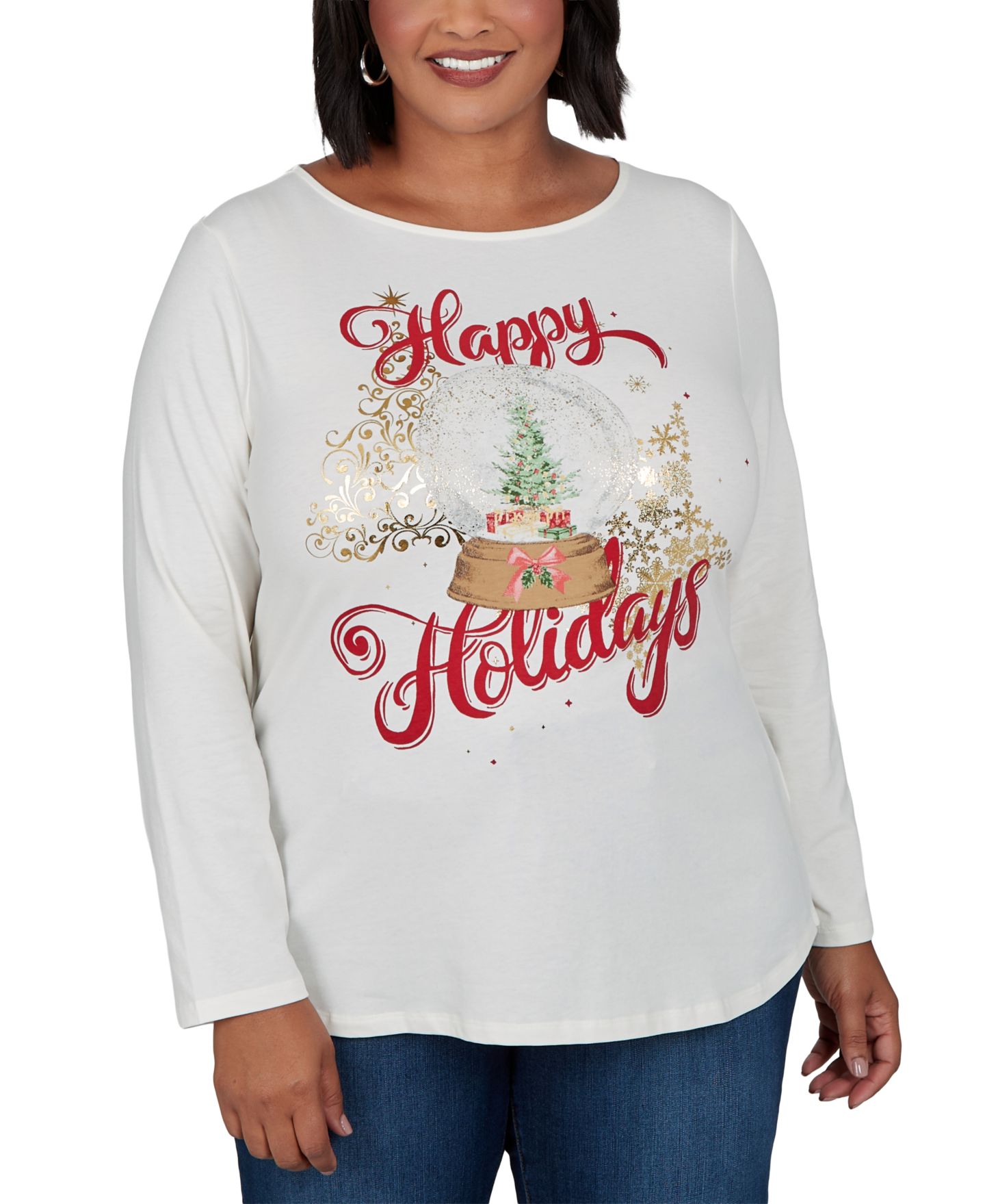 Женская футболка Ruby Rd. Plus Size Holidays Long-Sleeve Crewneck Cotton-Blend, цвет: Слоновая кость разноцветный — фото 1