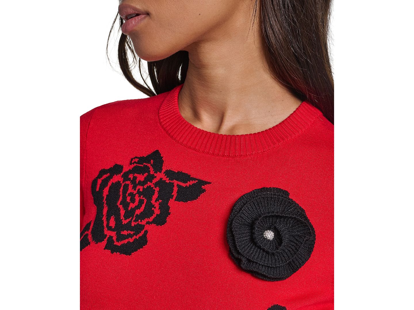 Женский свитер KARL LAGERFELD PARIS Petite All Over Rose Floral Crewneck Short-Sleeve Sweater, цвет: Красный / Чёрный — фото 7