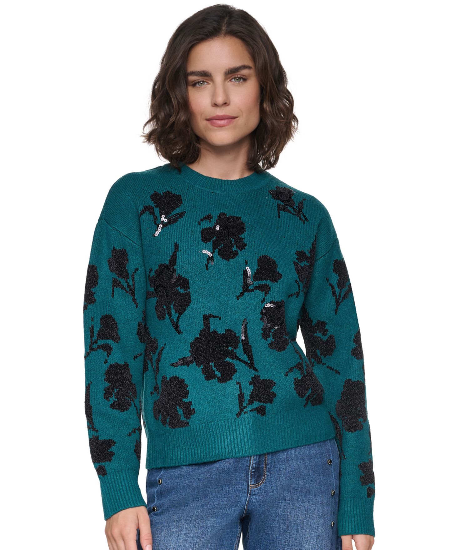 Женский свитер KARL LAGERFELD PARIS Petite Floral-Sequin Crewneck, цвет: Бирюзовый — фото 1