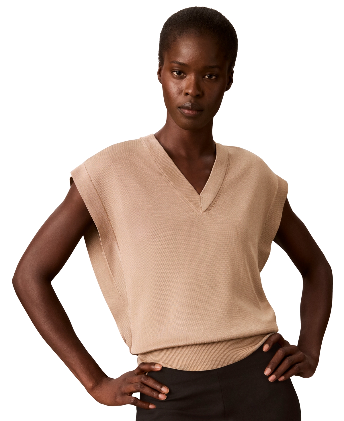 Calvin Klein Petite Extended Shoulder V-Neck Sleeveless Fine Gauge Sweater Vest - Palomino