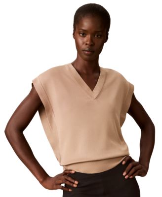 Women's Extended Shoulder V-Neck Sleeveless Fine Gauge Sweater Vest