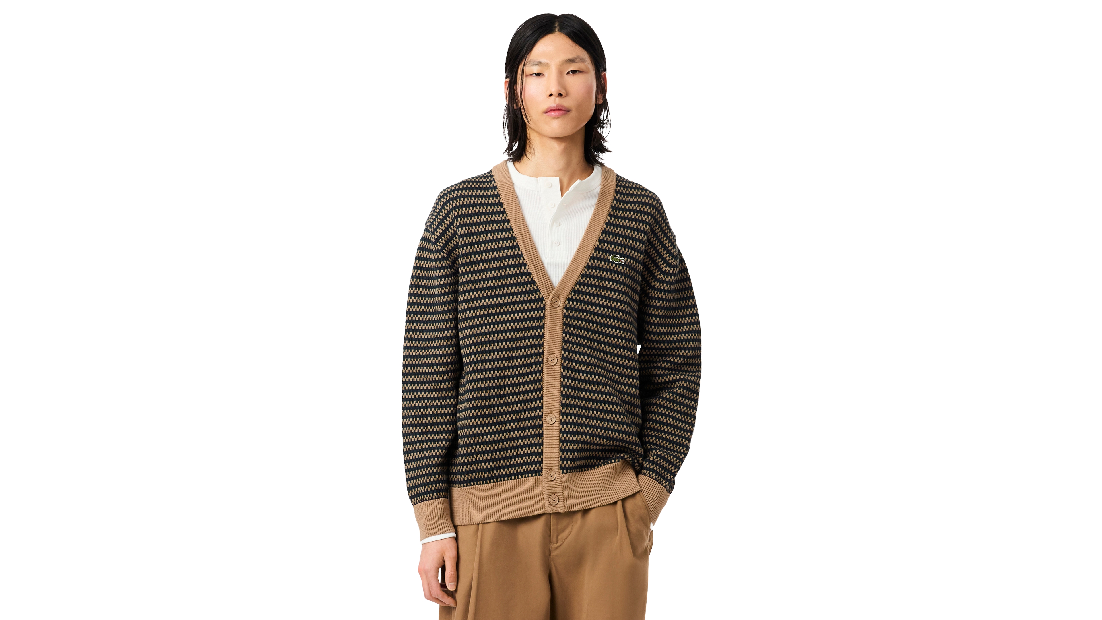 Lacoste Men's Striped Cotton-Blend V-Neck Cardigan