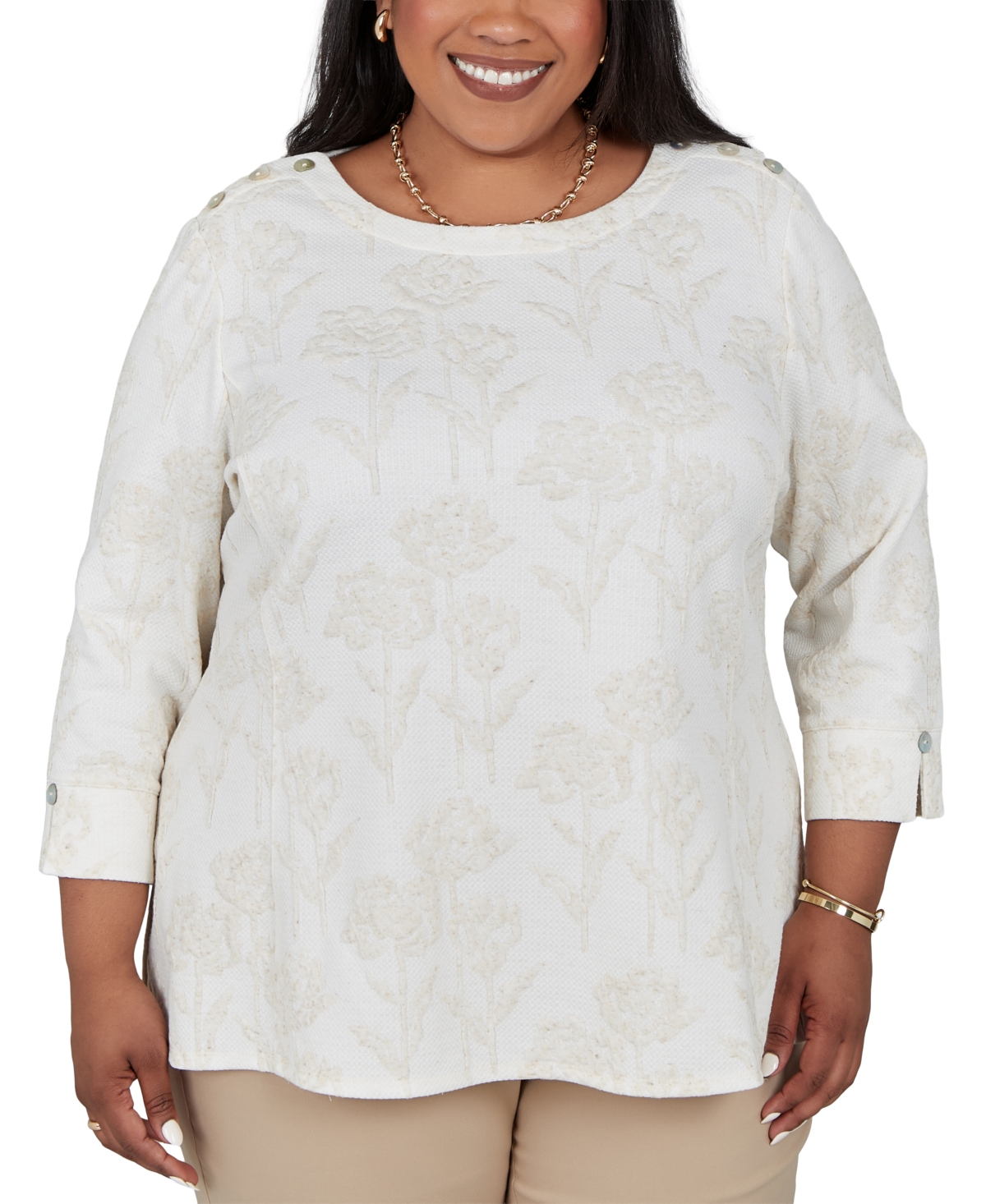 Alfred Dunner Plus Size Floral 3/4-Sleeve Side-Slit Blouse - Ivory