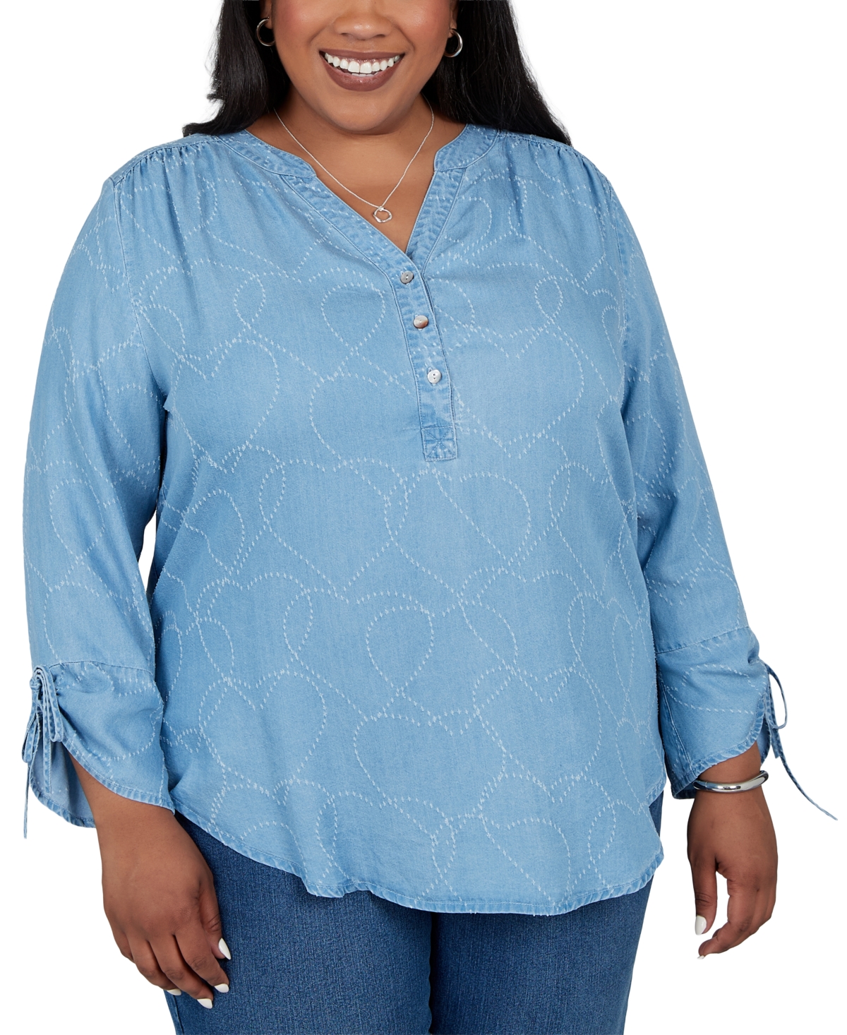 Alfred Dunner Plus Size Woven 3/4-Sleeve Button-Front Henley Blouse - Blue