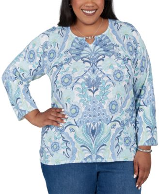 Plus Size Floral 3/4-Sleeve Cotton-Blend Pullover Sweater