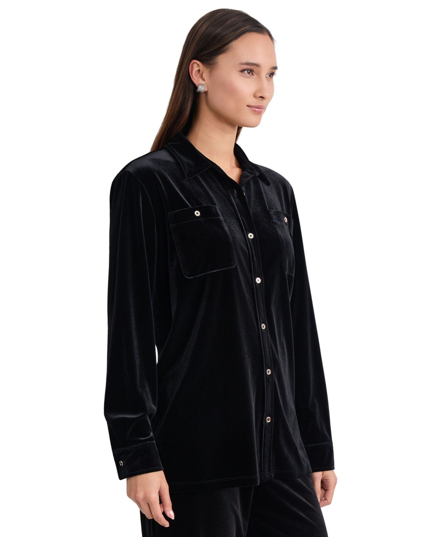 Женский топ Jones New York Button Down Side Slit Long-Sleeve Velvet Tunic, цвет: Чёрный — фото 2
