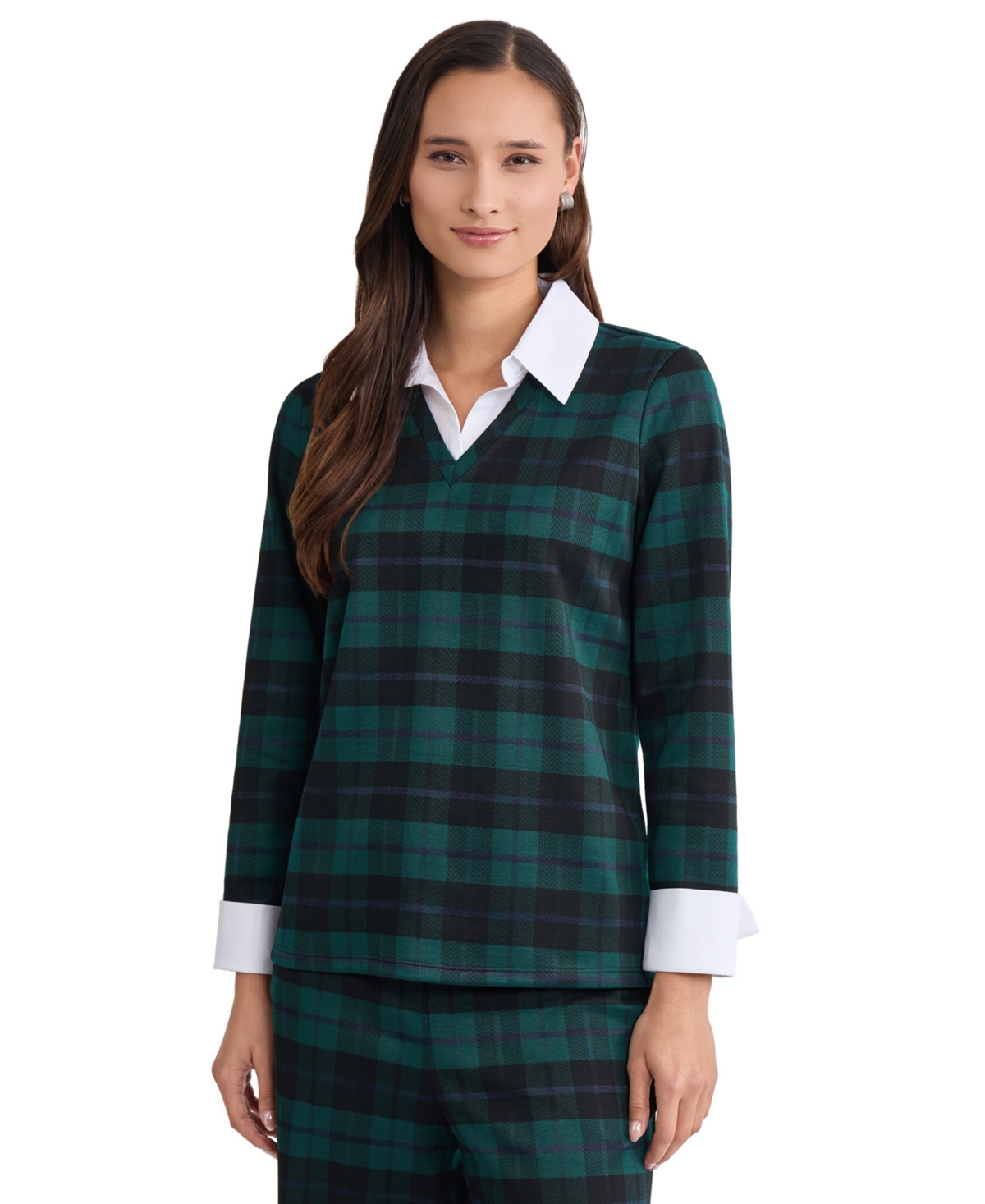 Jones New York Women's Long-Sleeve V-Neck Plaid Blouse