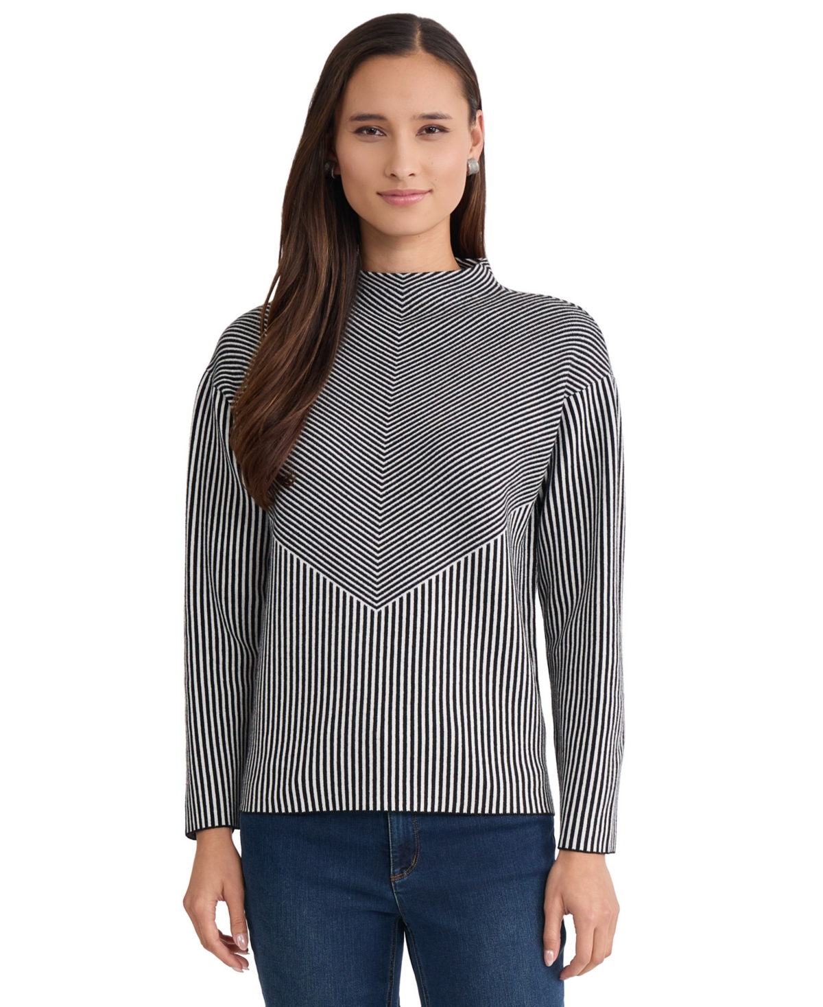 Jones New York Women's Striped Funnel Mock Neck Long-Sleeve Sweater - Jones White/jones Black