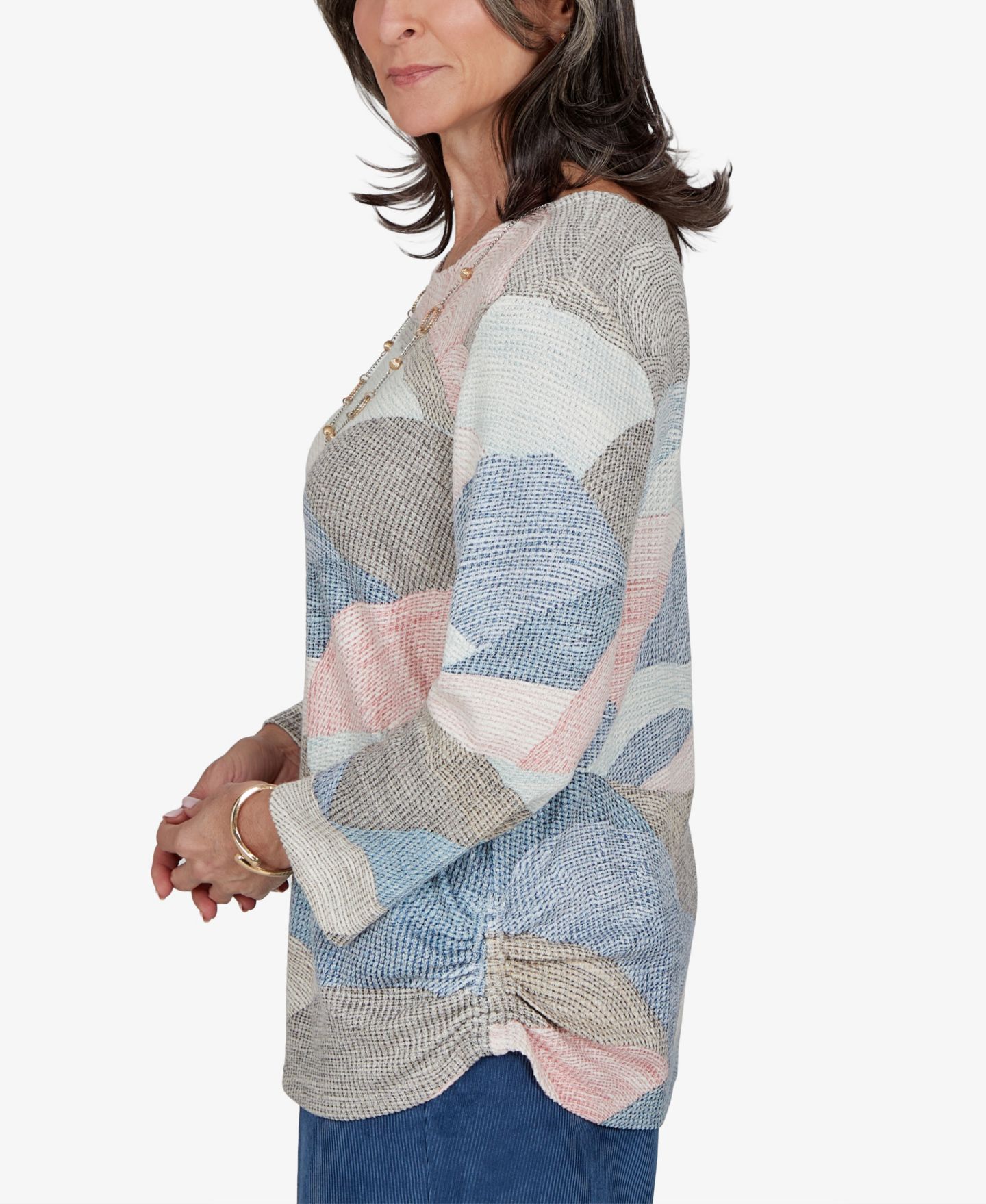 Женская блузка Alfred Dunner Petite Crewneck 3/4-Sleeve Ruched, цвет: Синий разноцветный — фото 3