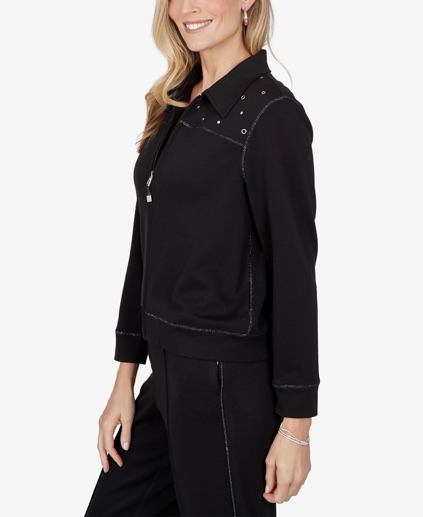 Женская куртка Alfred Dunner Petite Collared Long-Sleeve Zipper, цвет: Оникс — фото 3