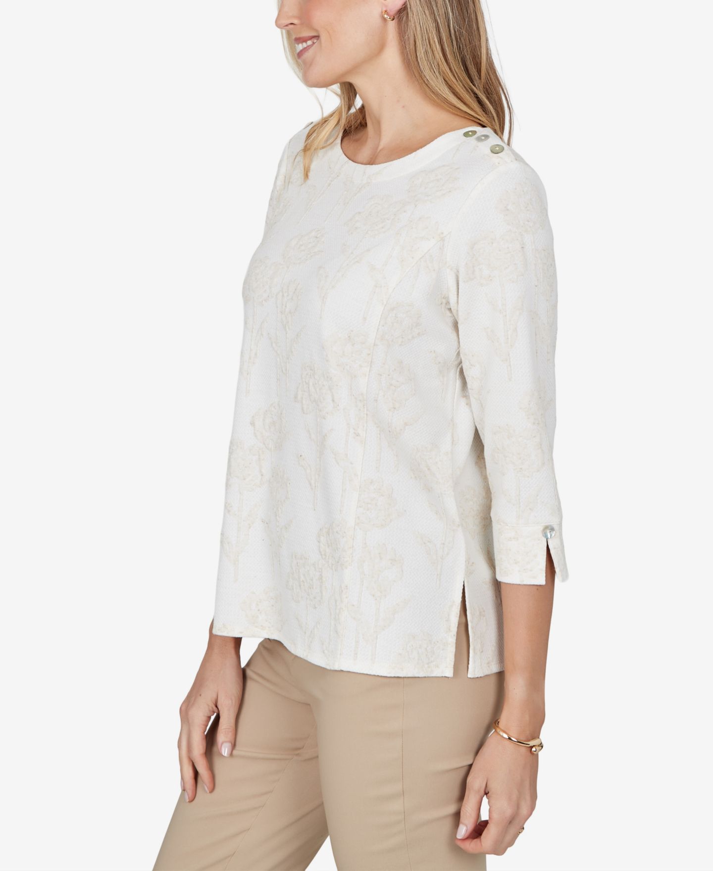 Женская блузка Alfred Dunner Petite Boat-Neck 3/4-Sleeve Floral-Print, цвет: Слоновая кость — фото 3