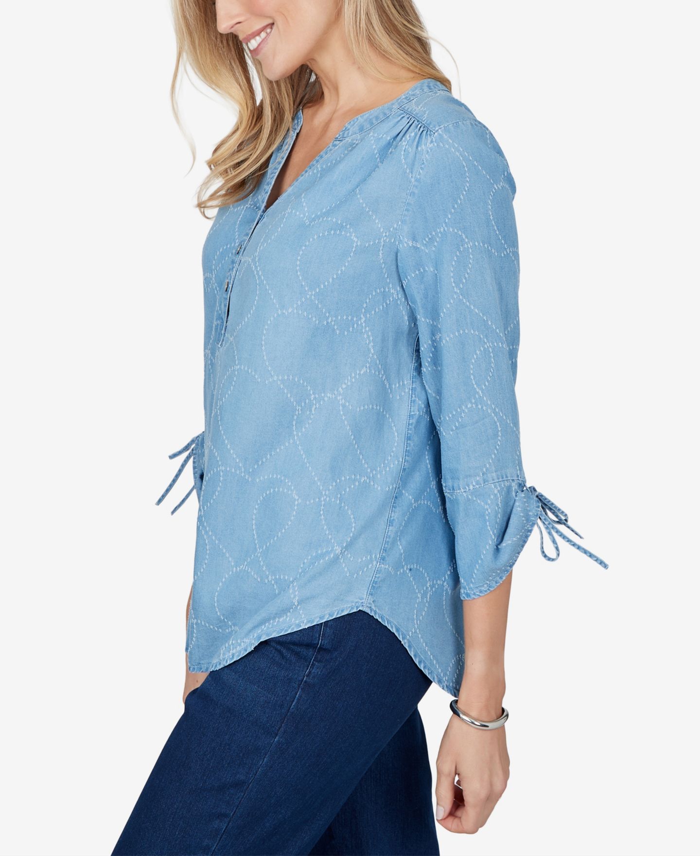 Женская блузка Alfred Dunner Petite 3/4-Sleeve V-Neck Heart-Print, цвет: Синий — фото 3