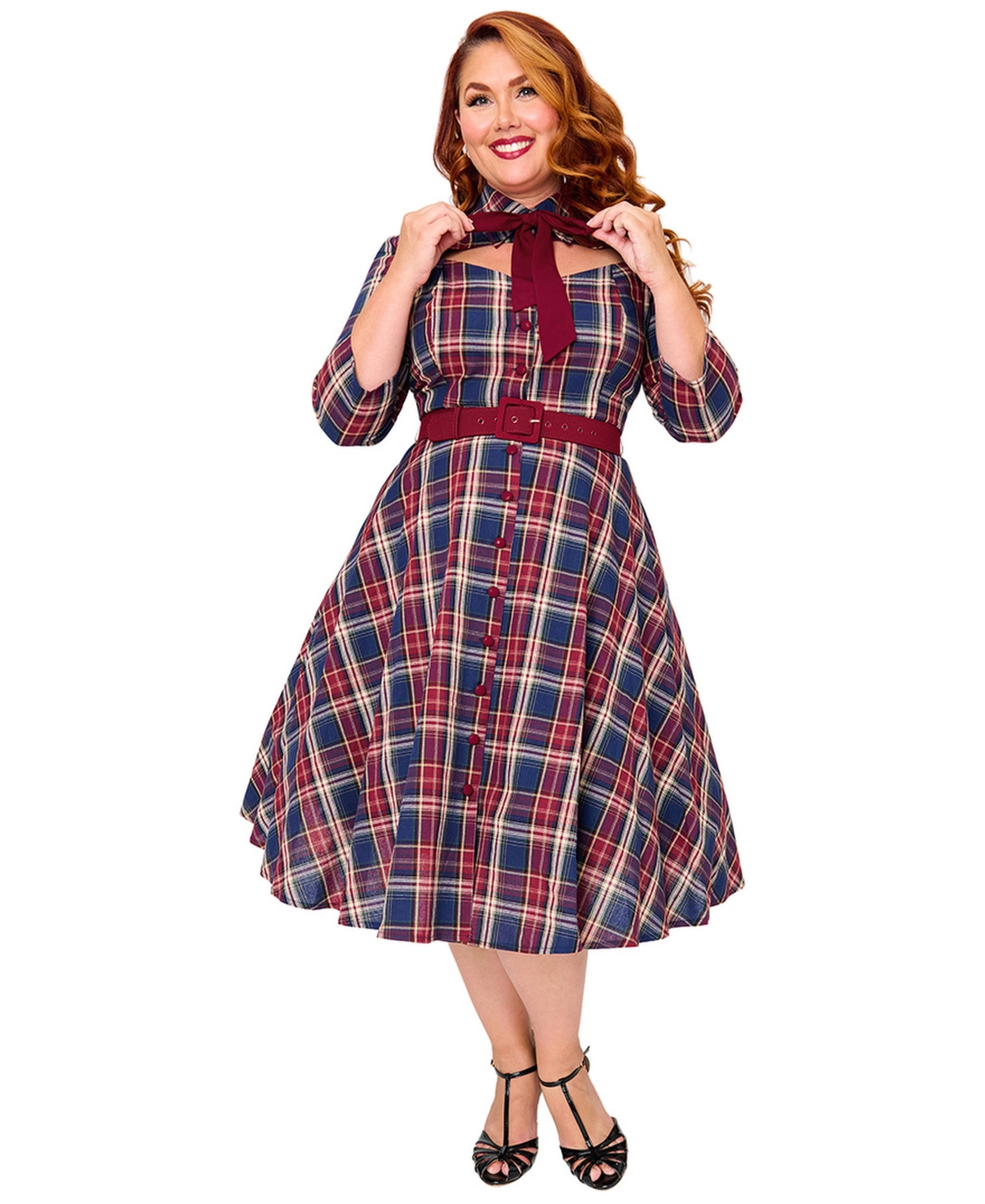 Unique Vintage Plus Size Sweetheart Neck Swing Dress - Blue  red plaid