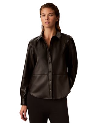 Women's Faux Leather Button-Front Long-Sleeve Shirt