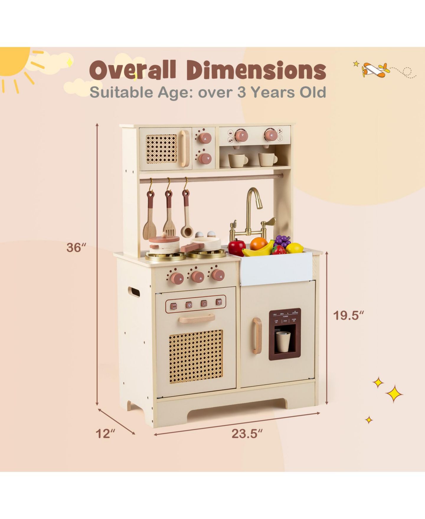 Детская игрушка Costway Wooden Kids' Play Kitchen with Lights and Sounds, Ages 3+, цвет: Жёлтый — фото 4