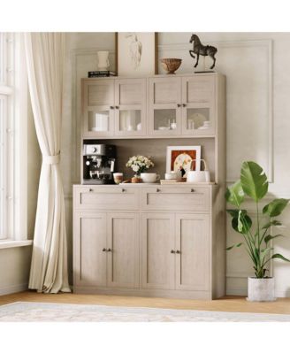 Tall Kitchen Pantry Cabinet 71 Inch High Storage Hutch with Charging Station Microwave Stand Drawers for Kitchen Dining Room