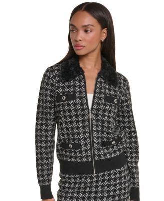 Women's Full-Zip Houndstooth Faux Fur Collar Cardigan Sweater