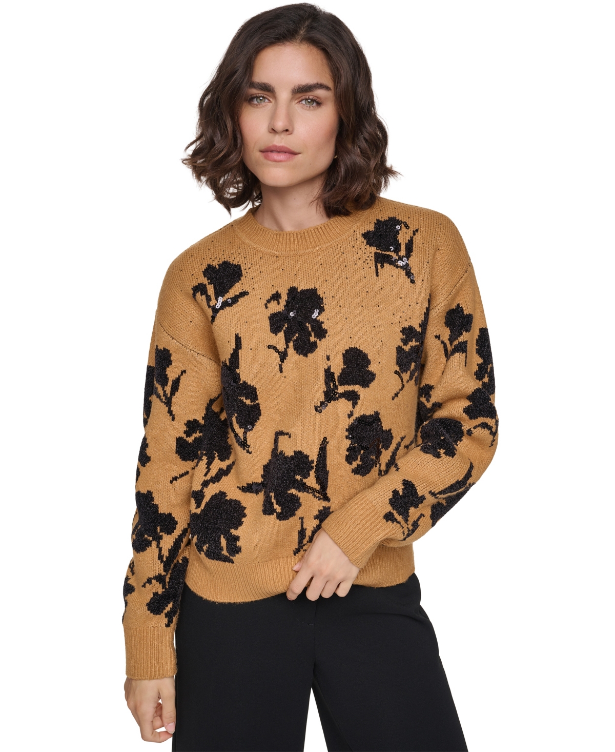 Karl Lagerfeld Paris Women's Floral Sequin Crewneck Pullover Sweater