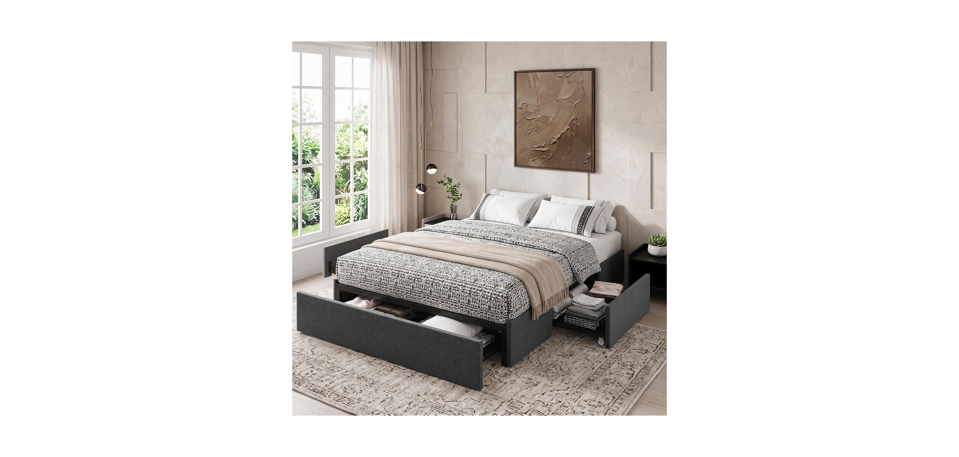 homfan Upholstered Platform Bed Frame with 3 Storage Drawers & Wooden Slats