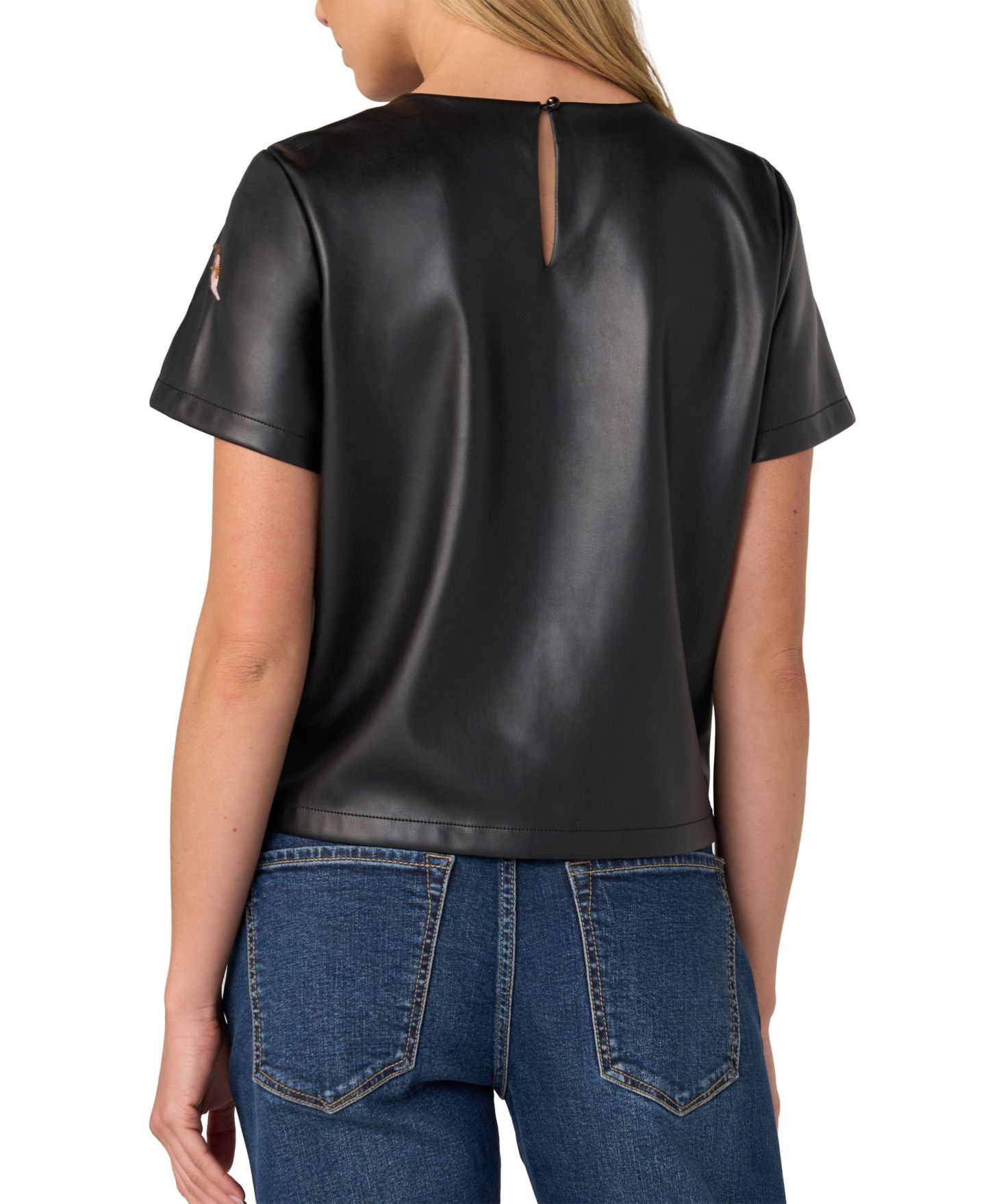 Женская футболка Liverpool Los Angeles Floral-Embroidered Short-Sleeve Faux Leather, цвет: Чёрный — фото 3