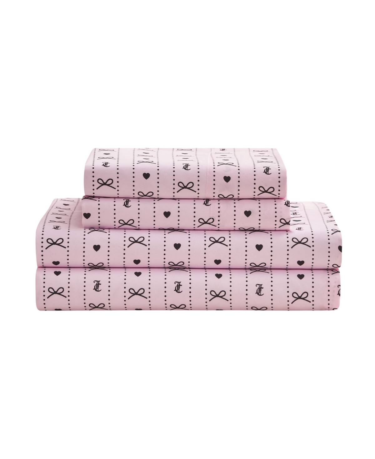 Juicy Couture Printed Microfiber 4-Piece Sheet Set, Queen - Dotted Bow Stripe