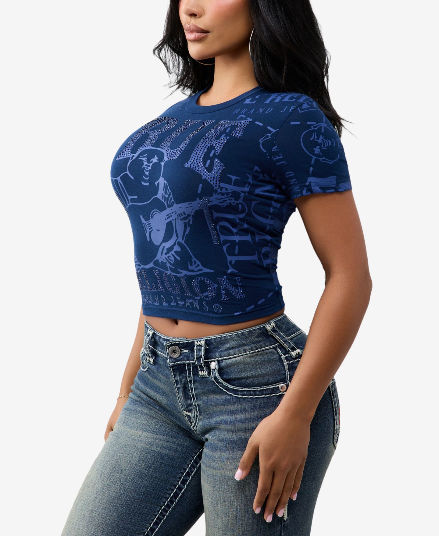 Женская укороченная свитшоты True Religion с принтом и круглым вырезом, цвет: Синий — фото 2