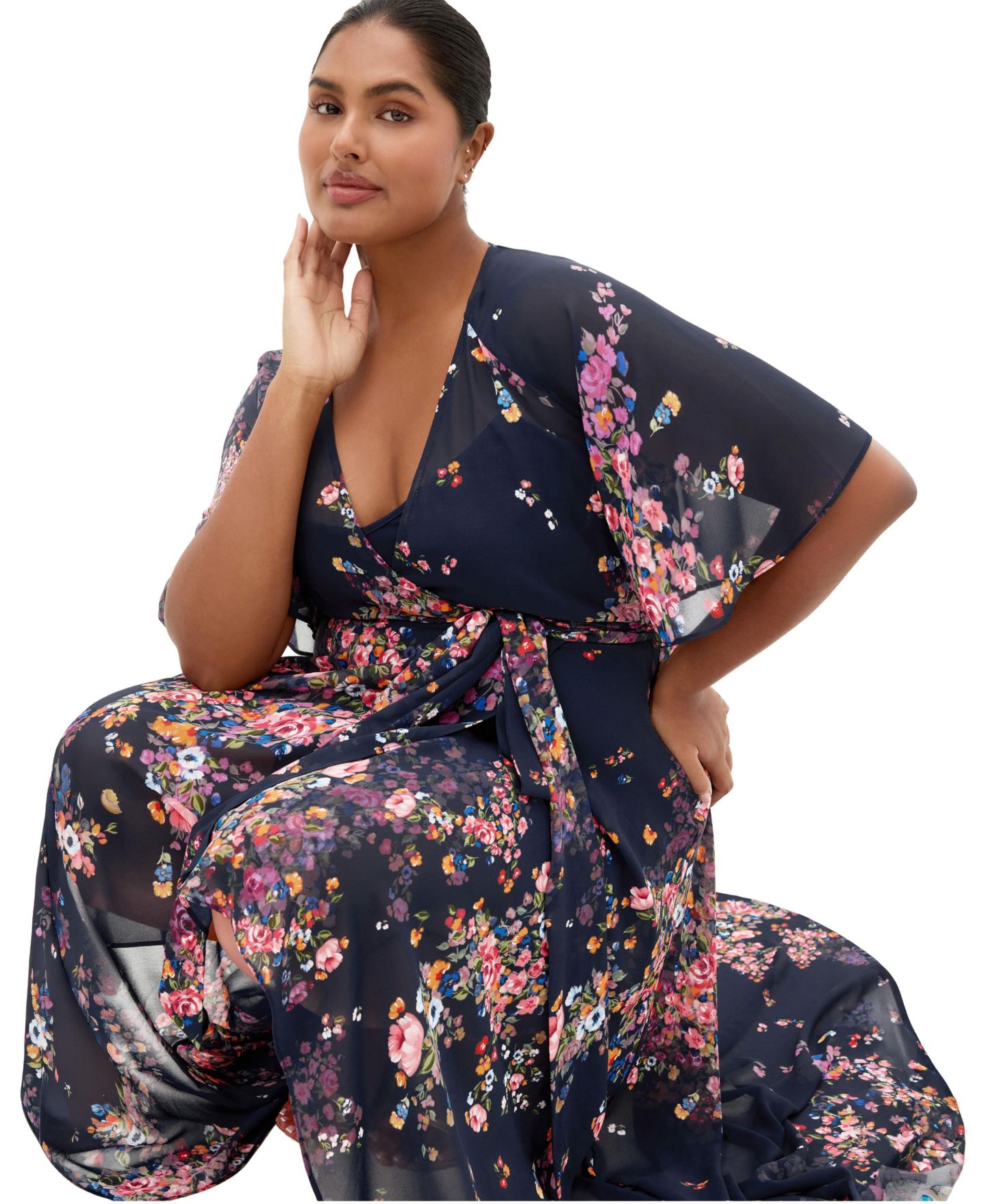 Женское платье CITY CHIC Plus Size Lovers Lane Floral-Print V-Neck High-Low, цвет: Королевский синий — фото 3