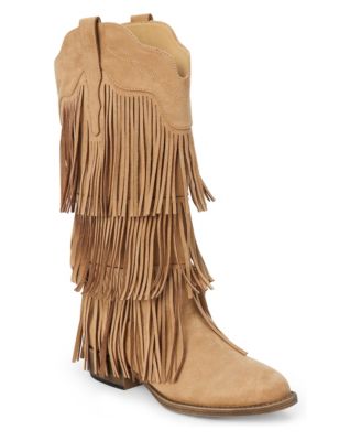 Women's Saloon Western Suede Scalloped-Topline Tiered-Fringe Boots
