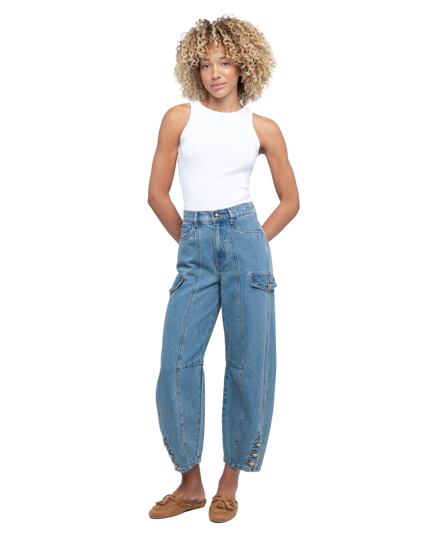 Женские джинсы Blank NYC Silent March High-Waisted Cargo Barrel-Leg, цвет: Средний индиго — фото 2