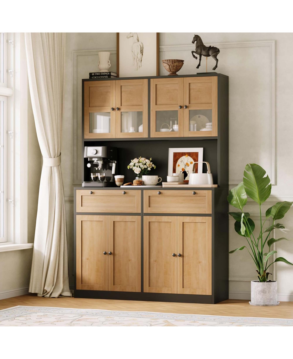 homfan Tall Kitchen Pantry Cabinet 71 Inch High Storage Hutch with Charging Station Microwave Stand Drawers for Dining Room