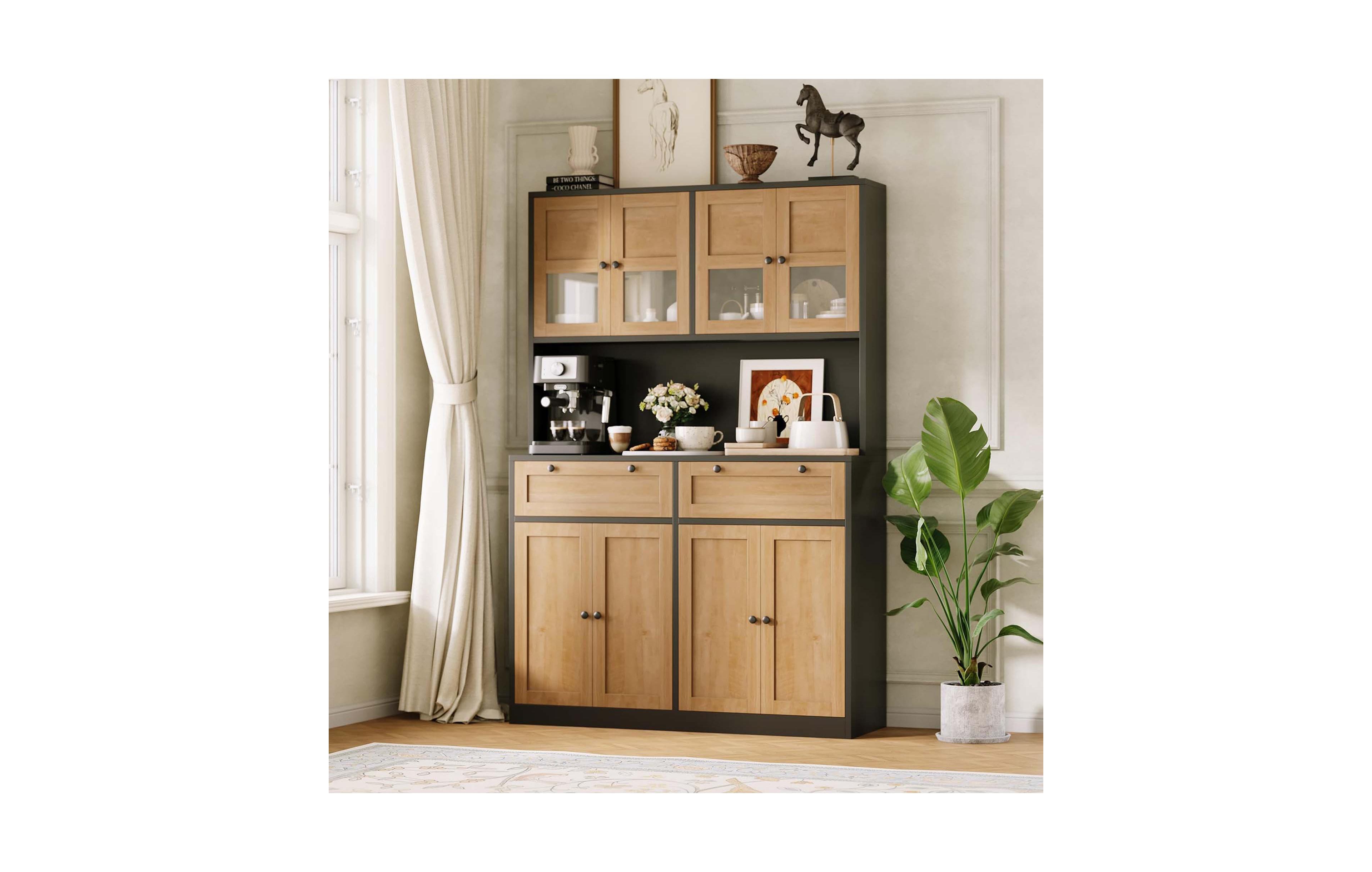 homfan Tall Kitchen Pantry Cabinet 71 Inch High Storage Hutch with Charging Station Microwave Stand Drawers for Dining Room