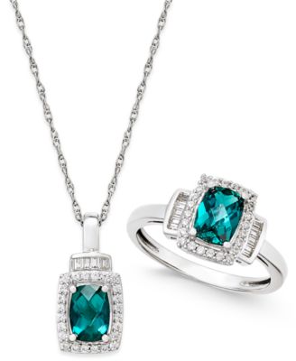 Macy's - Lab-Created Emerald (1-3/8 ct. t.w.) and White Sapphire (5/8 ct. t.w.) Pendant Necklace and Matching Ring Set in Sterling Silver