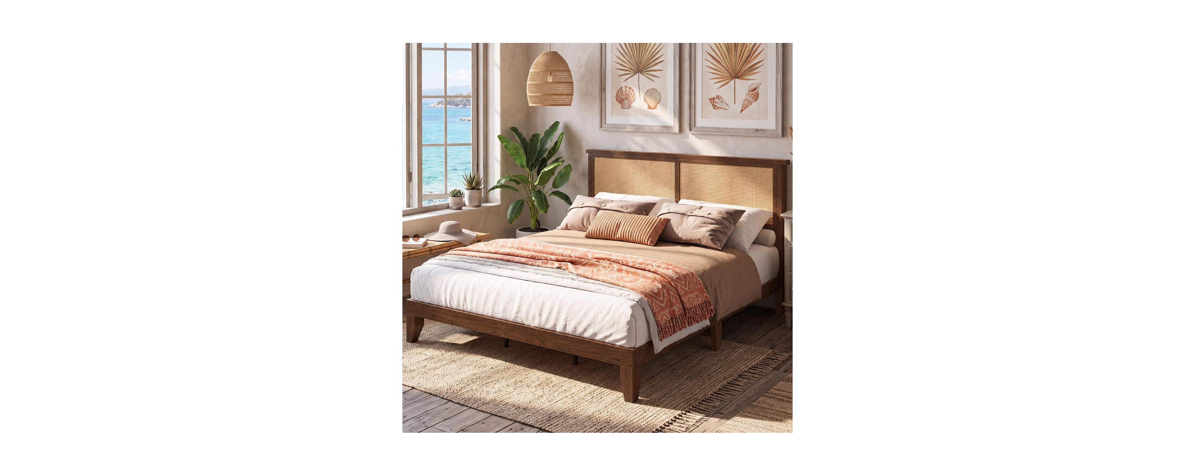 homfan Boho Farmhouse Rattan Wood Platform Bed Frame with Rgb Led Lights and Headboard Shelf - Solid Wood Support