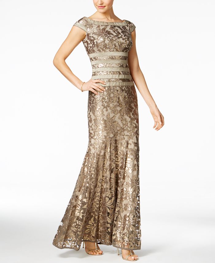 Tadashi Shoji Sequined Embroidered Cap-Sleeve Gown - Macy's